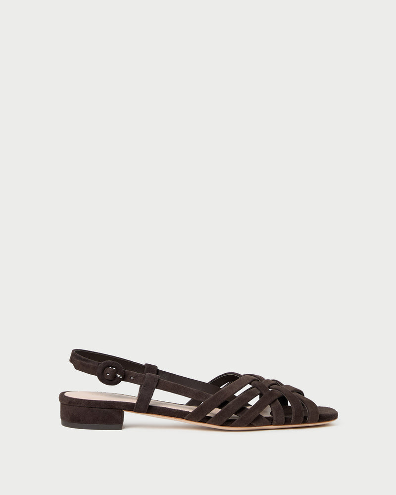 Shelly Brown Suede Flat Sandal in brown suede.