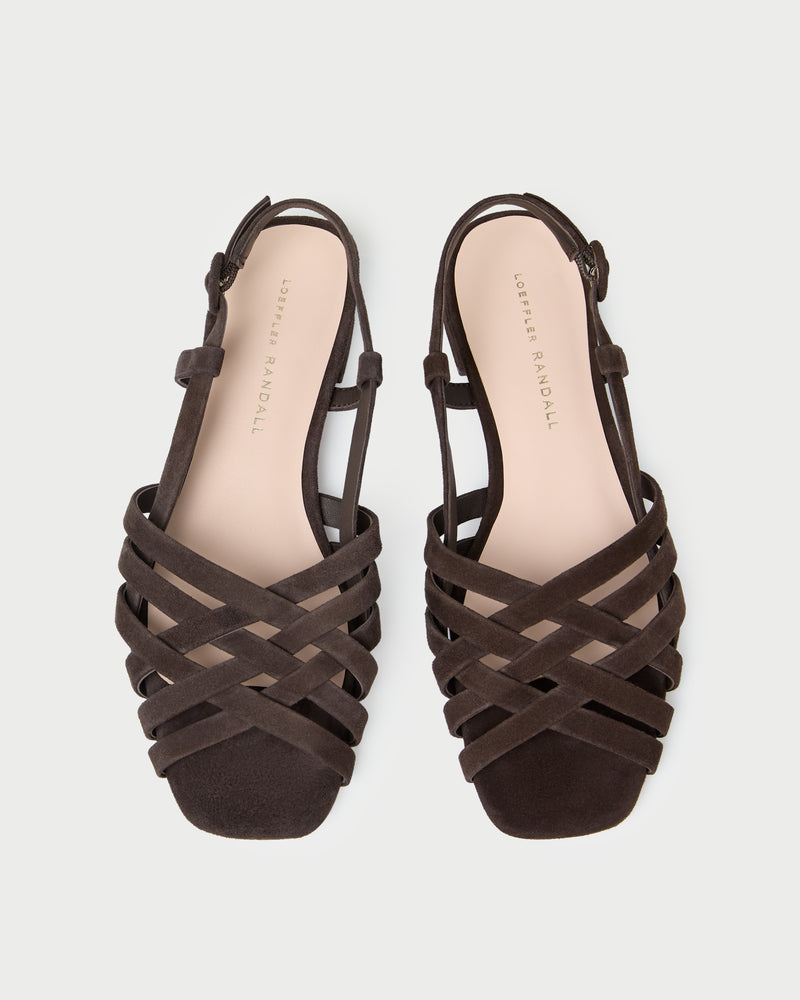 Shelly Brown Suede Flat Sandal in brown suede.