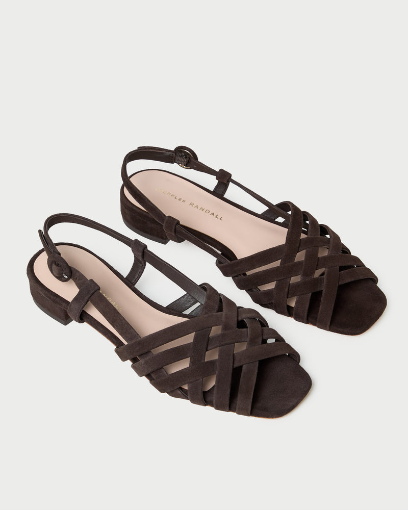 Shelly Brown Suede Flat Sandal in brown suede.