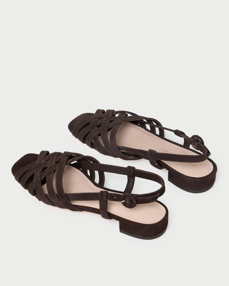 Shelly Brown Suede Flat Sandal in brown suede.
