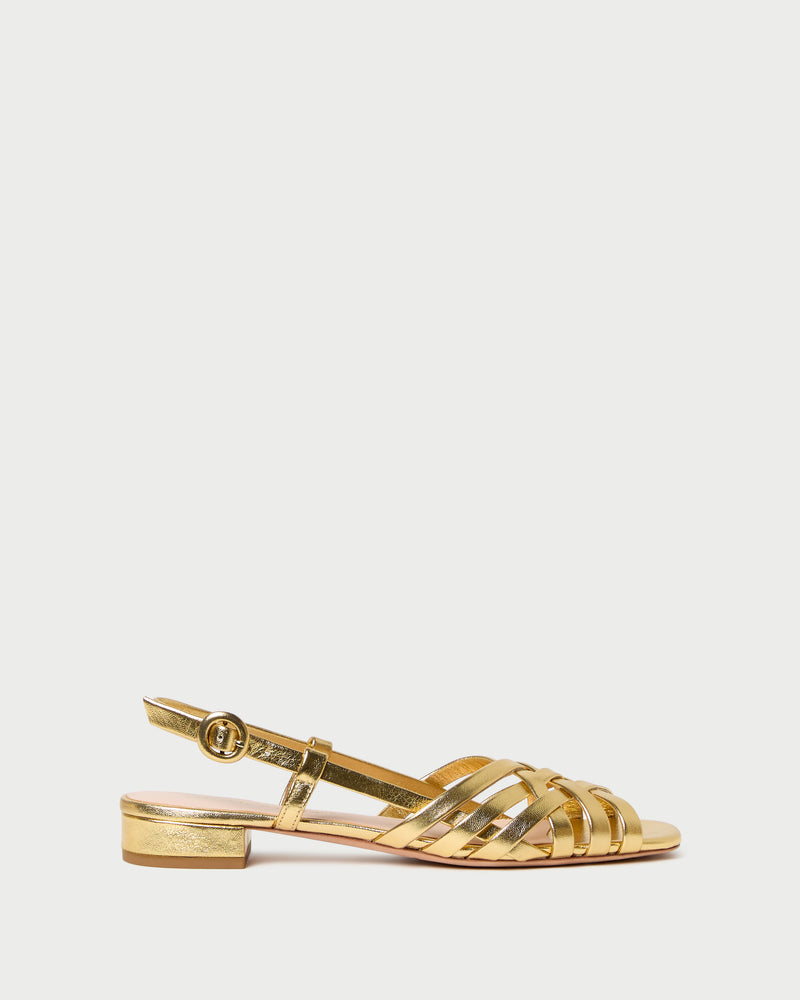 Shelly Gold Leather Flat Sandal in gold metallic leather.