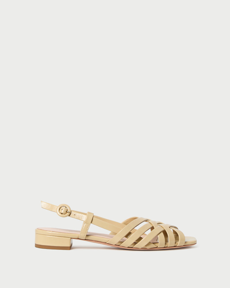 Shelly Bisque Leather Flat Sandal in bisque tan leather.