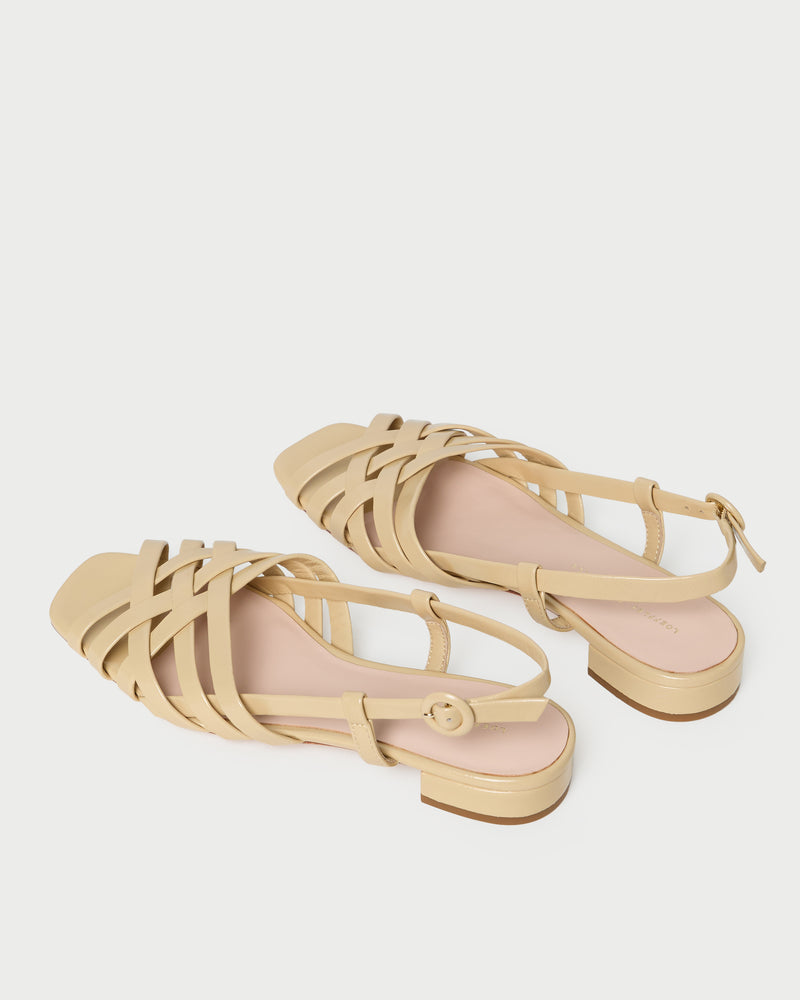 Shelly Bisque Leather Flat Sandal in bisque tan leather.