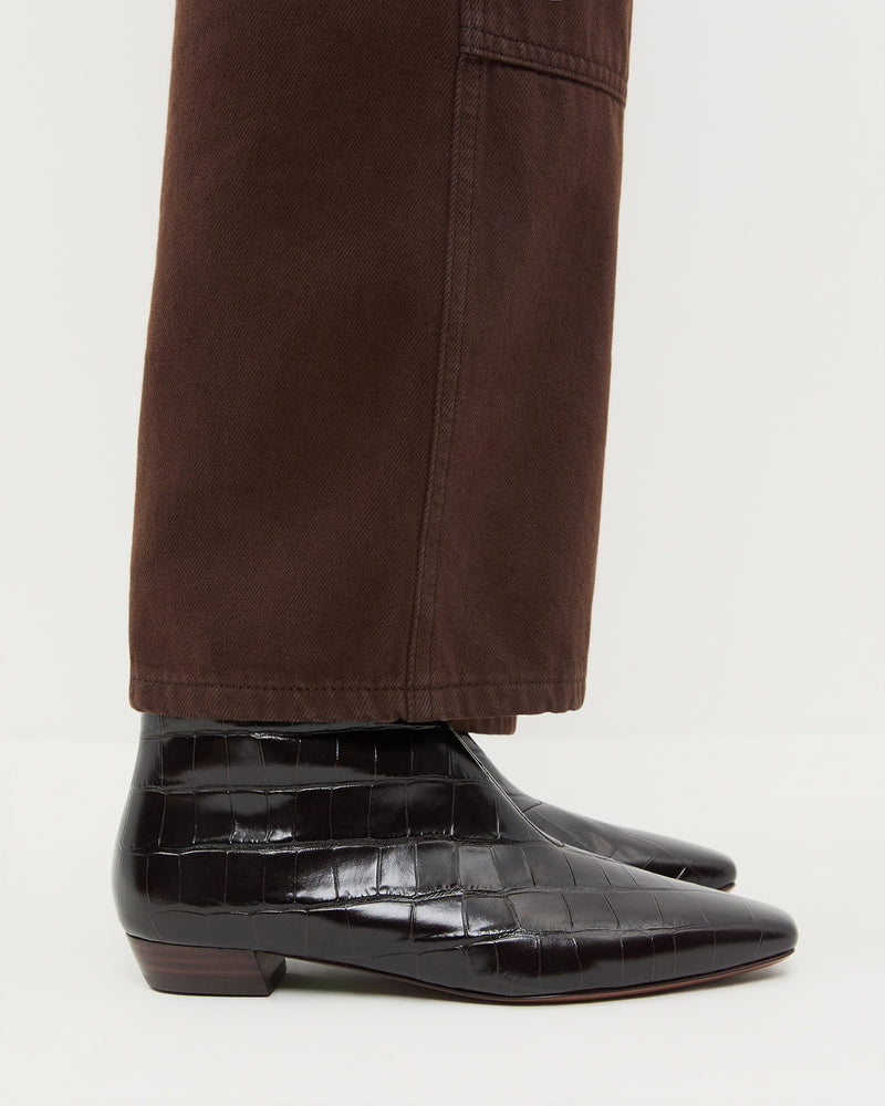 Siya Crocodile Leather Ankle Boot in ebony crocodile-embossed leather.