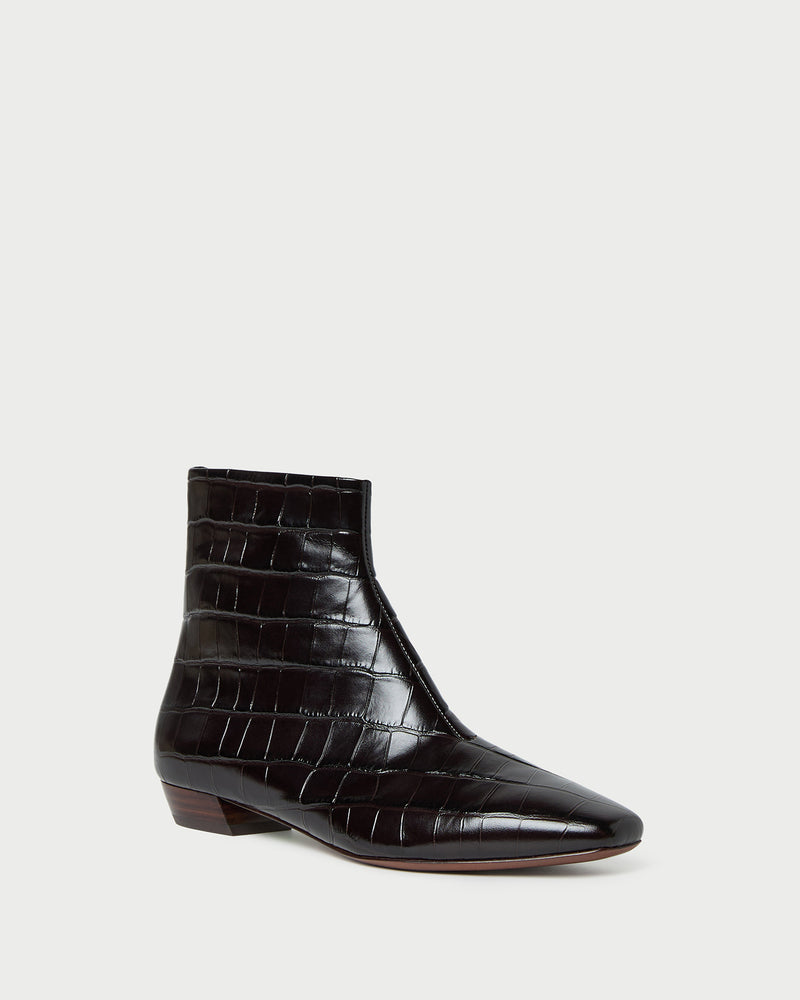 Siya Crocodile Leather Ankle Boot in ebony crocodile-embossed leather.