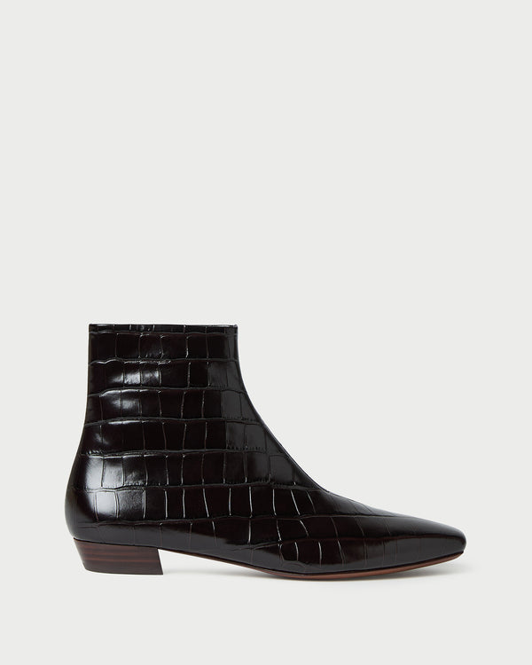 Siya Crocodile Leather Ankle Boot in ebony crocodile-embossed leather.