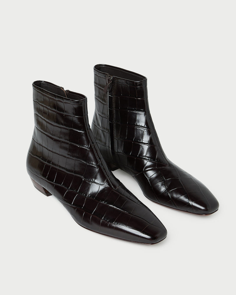 Siya Crocodile Leather Ankle Boot in ebony crocodile-embossed leather.