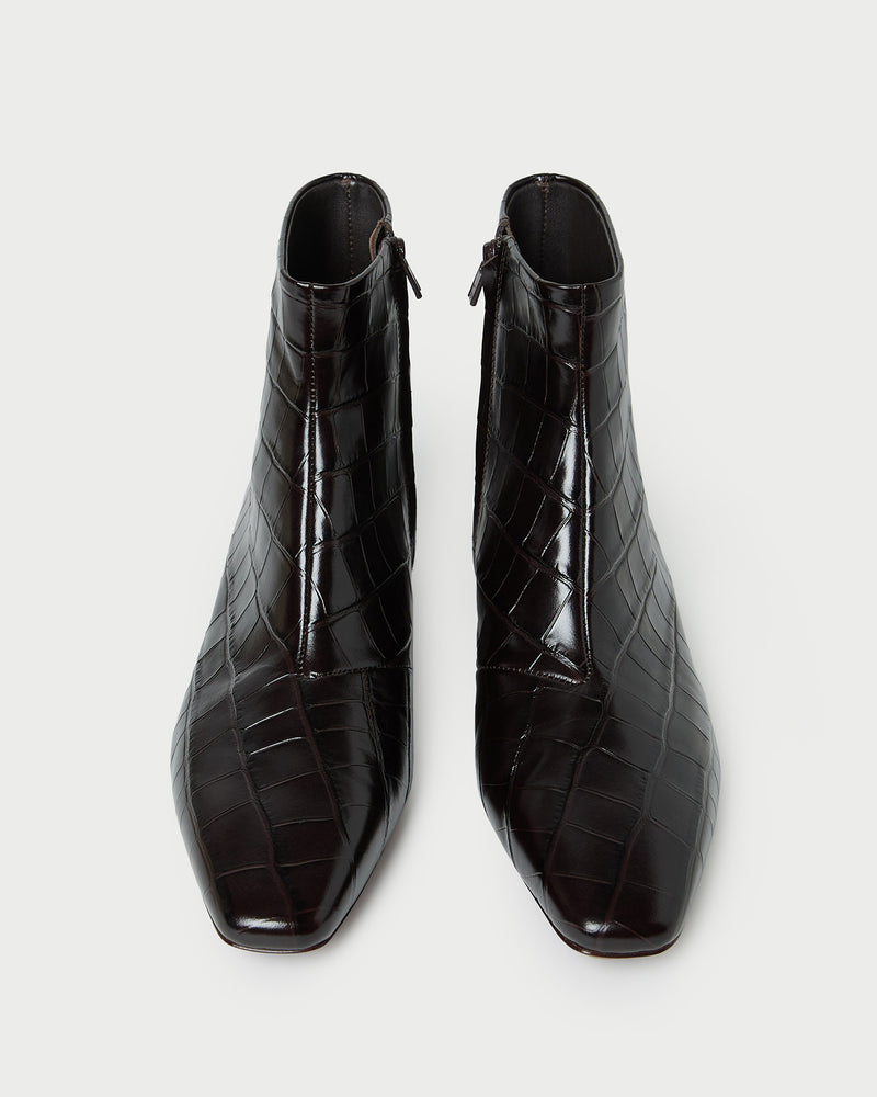 Siya Crocodile Leather Ankle Boot in ebony crocodile-embossed leather.