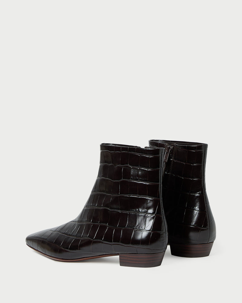 Siya Crocodile Leather Ankle Boot in ebony crocodile-embossed leather.