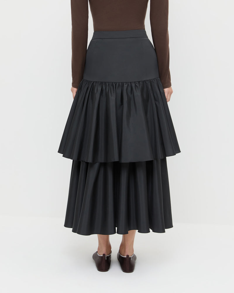 Sora Skirt in black taffeta, Lumi Long Sleeve Bodysuit in chocolate brown jersey, and Emery Black/Crystal Ballet Flat.