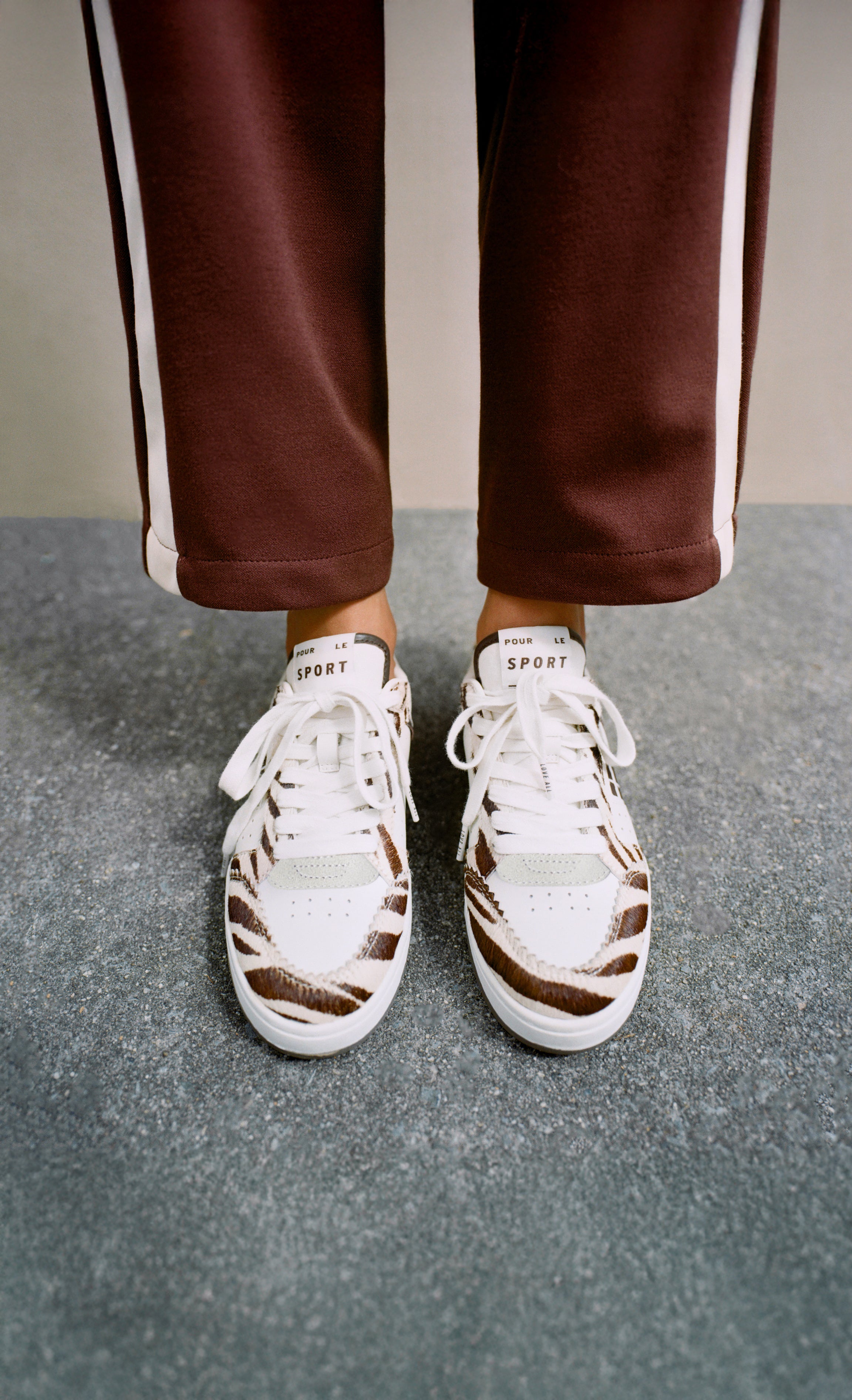 Topspin Cream/Zebra Court Sneaker and Spencer Track Pant in brown jersey - Loeffler Randall