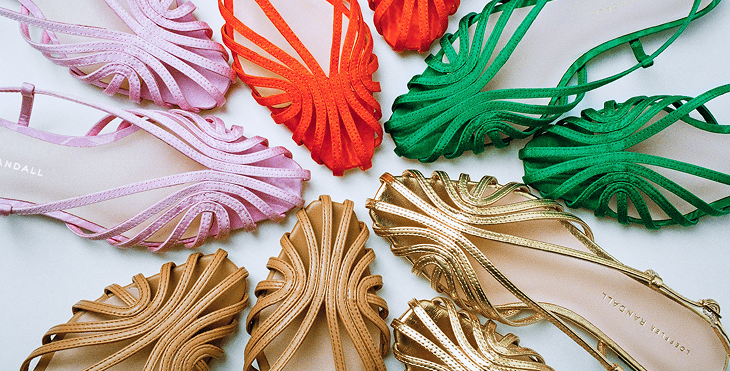 Devon Pink Moiré Slingback Sandal, Devon Red Moiré Slingback Sandal, Devon Green Moiré Slingback Sandal, Devon Gold Slingback Sandal, and Devon Dune Slingback Sandal - Loeffler Randall