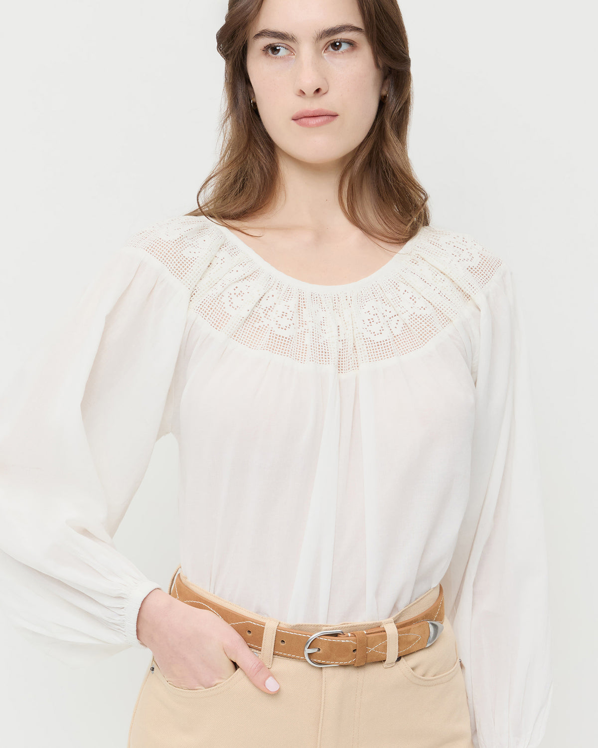 Stanton Toffee Western Belt in toffee brown suede, Hattie Top in cream cotton, and Demi Embroidered Pant in tan cotton.