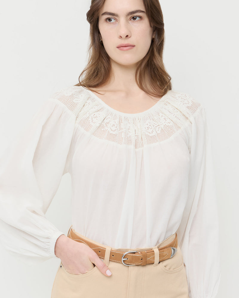 Stanton Toffee Western Belt in toffee brown suede, Hattie Top in cream cotton, and Demi Embroidered Pant in tan cotton.