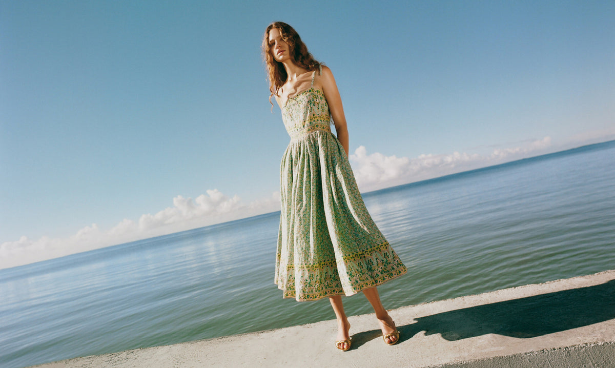 Gaia Dress in mint and yellow floral block print cotton ramie - Loeffler Randall
