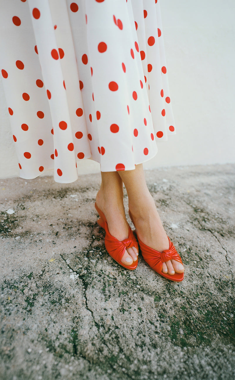 Nissa Dress in white silk with red polka dots and Marsy Red Leather Knot Wedge - Loeffler Randall