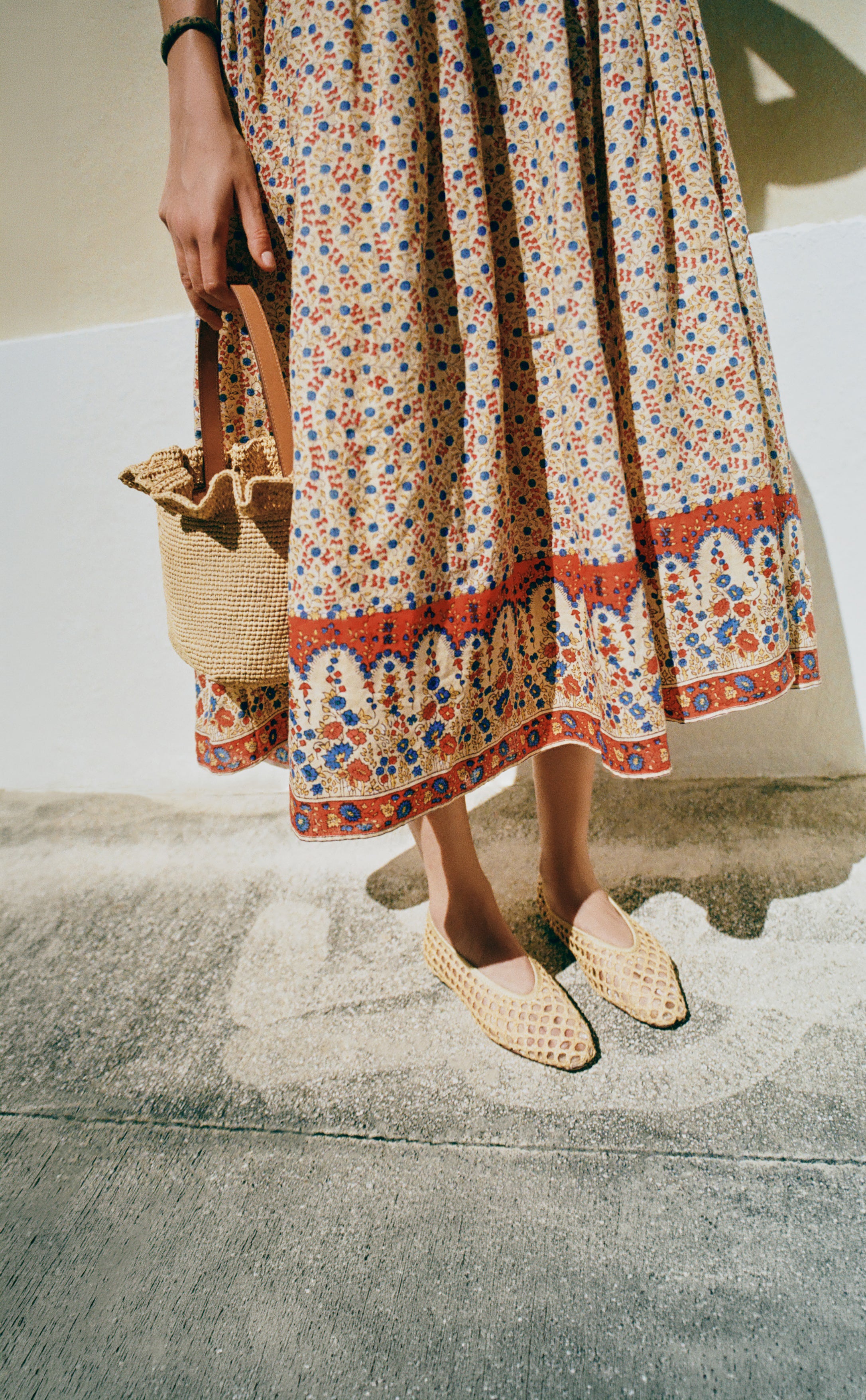 Gaia Dress in butter/red hand block printed floral, Laith Natural Crochet Bucket Bag, and Emery Natural Ballet Flat - Loeffler Randall