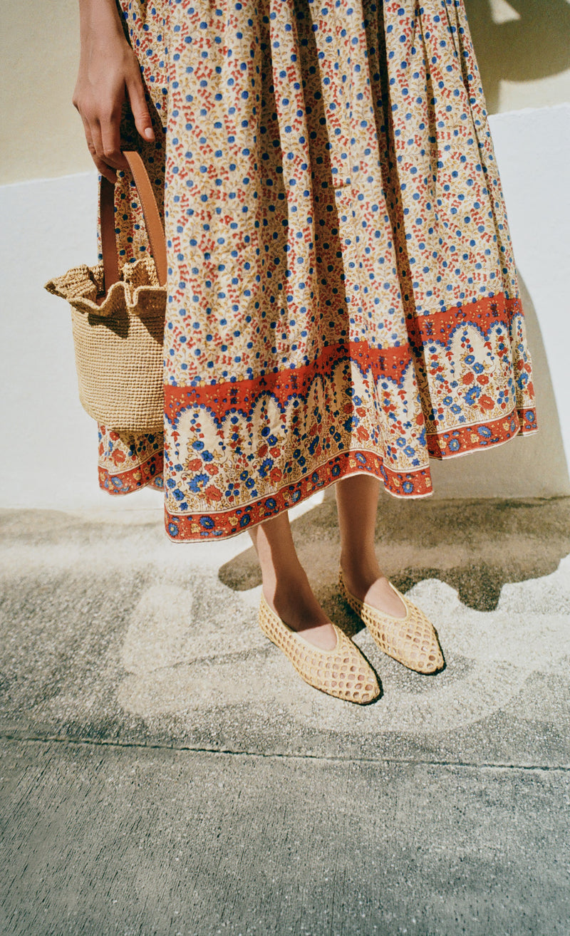 Gaia Dress in butter/red hand block printed floral, Laith Natural Crochet Bucket Bag, and Emery Natural Ballet Flat - Loeffler Randall