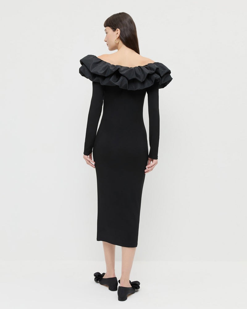 Suki Dress in black jersey fabric and Noa Black Moiré Bow Flat.