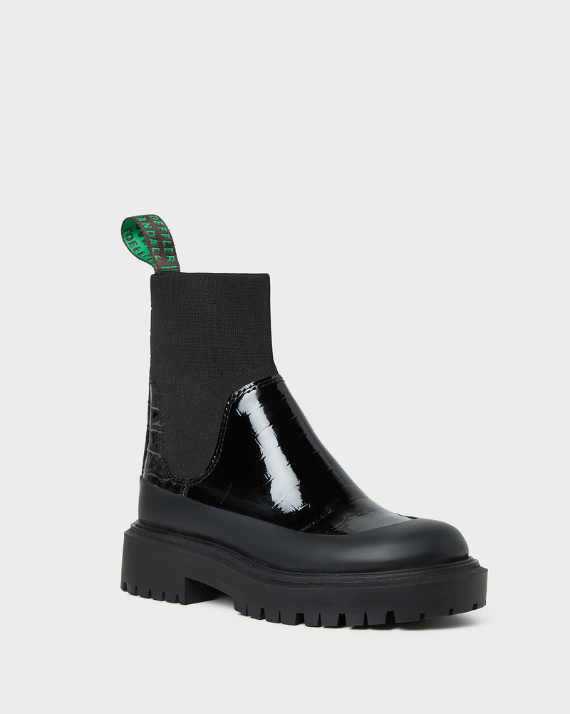 Suri Crocodile Leather Lug Boot in ebony crocodile-embossed leather.
