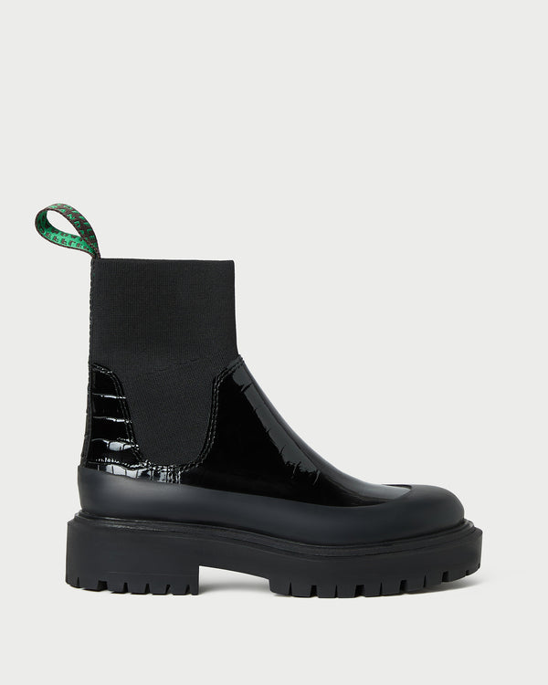 Suri Crocodile Leather Lug Boot in ebony crocodile-embossed leather.