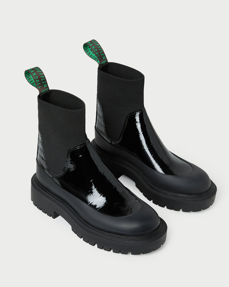 Suri Crocodile Leather Lug Boot in ebony crocodile-embossed leather.