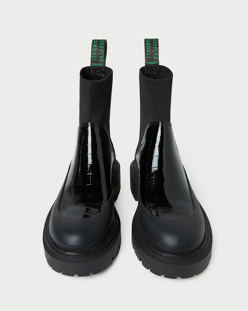 Suri Crocodile Leather Lug Boot in ebony crocodile-embossed leather.