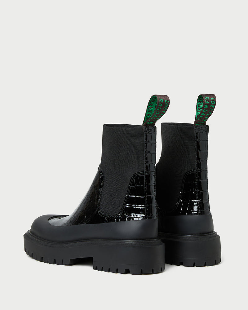 Suri Crocodile Leather Lug Boot in ebony crocodile-embossed leather.
