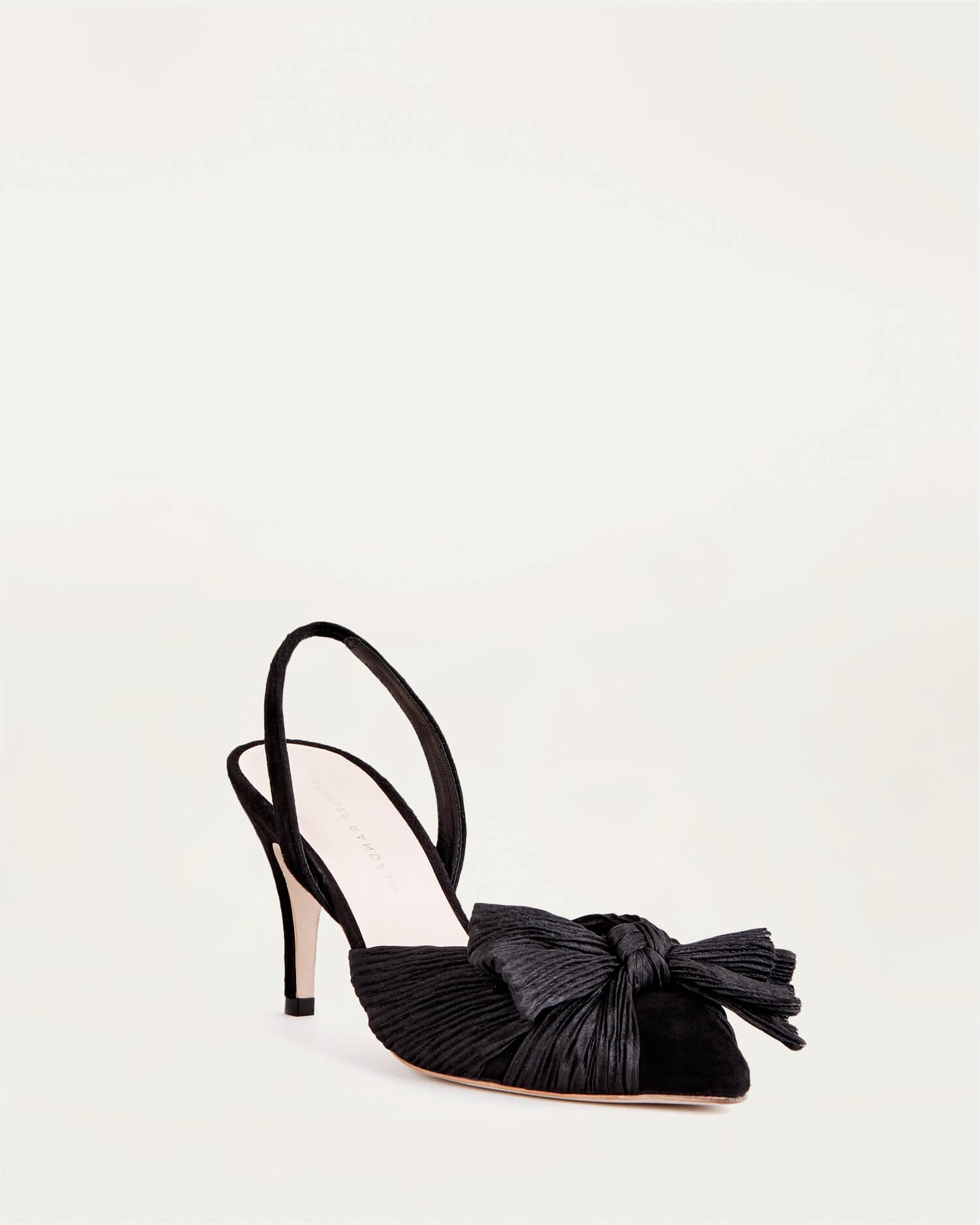 Loeffler Randall Sylvana slingback pump in black suede with pleated knot detail — side angle
