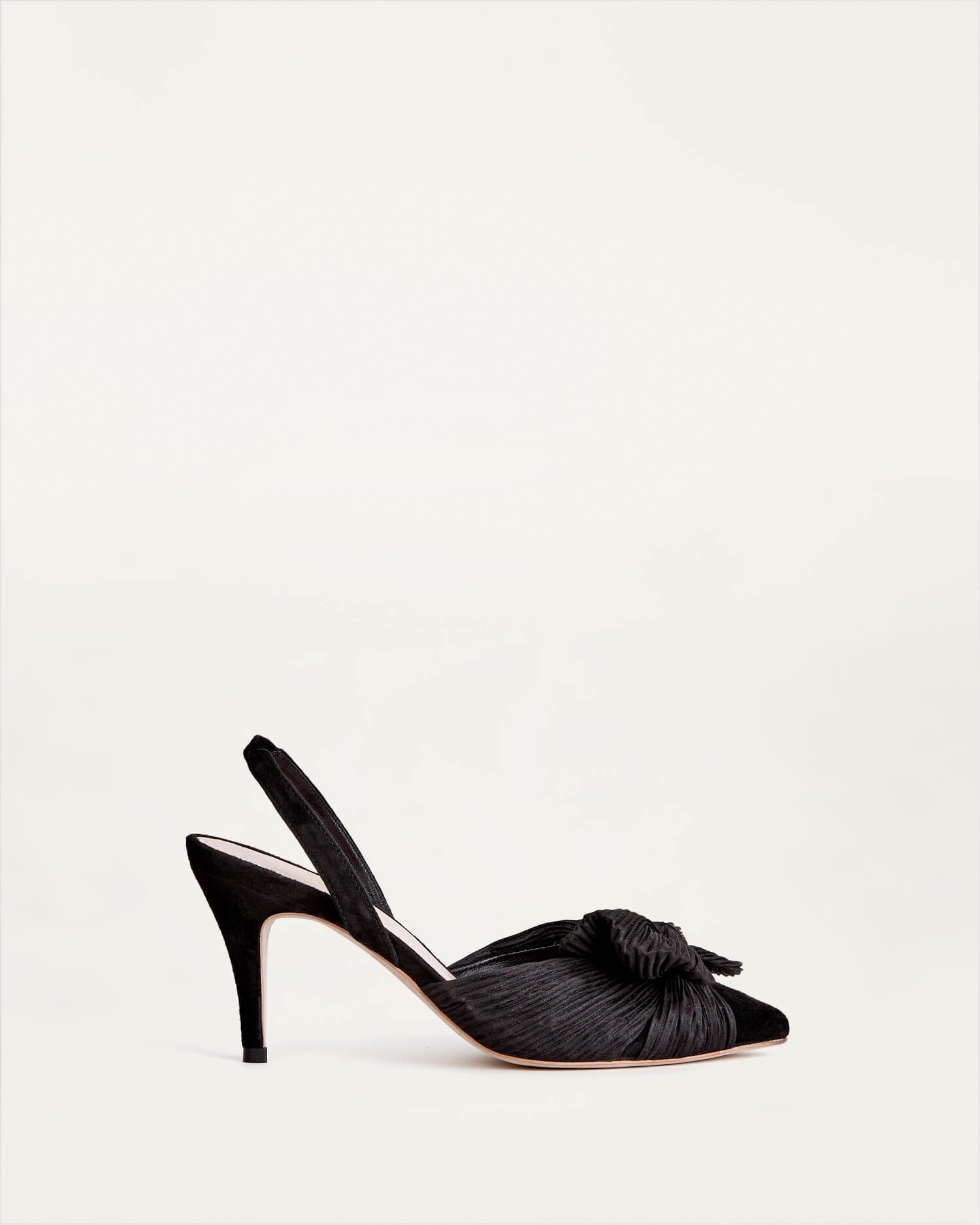 Loeffler Randall pleated knot family — Sylvana alternate angle representing the Penny bow trend