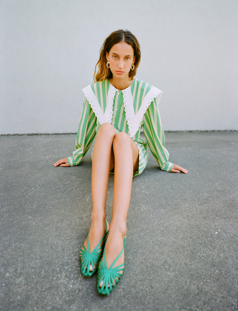 Kieran Dress in green/tan striped cotton and Devon Green Moiré Slingback Sandal - Loeffler Randall