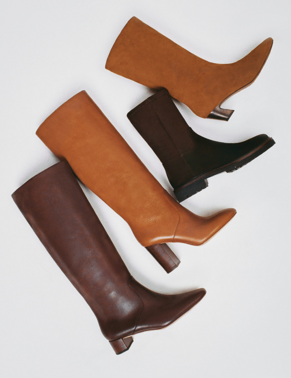 Indy Espresso Leather Tall Boot, Goldy Safari Leather Tall Boot, Danny Brown Suede Lug Boot, Cleo Cacao Suede Mid-Calf Boot - Loeffler Randall