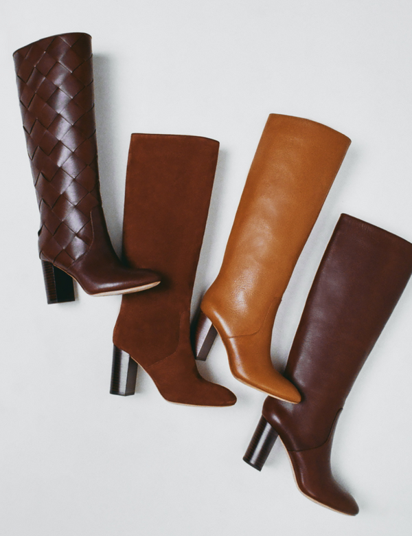 Goldy Espresso Woven Leather Tall Boot, Goldy Espresso Suede Tall Boot, Goldy Safari Leather Tall Boot, and Goldy Espresso Leather Tall Boot - Loeffler Randall