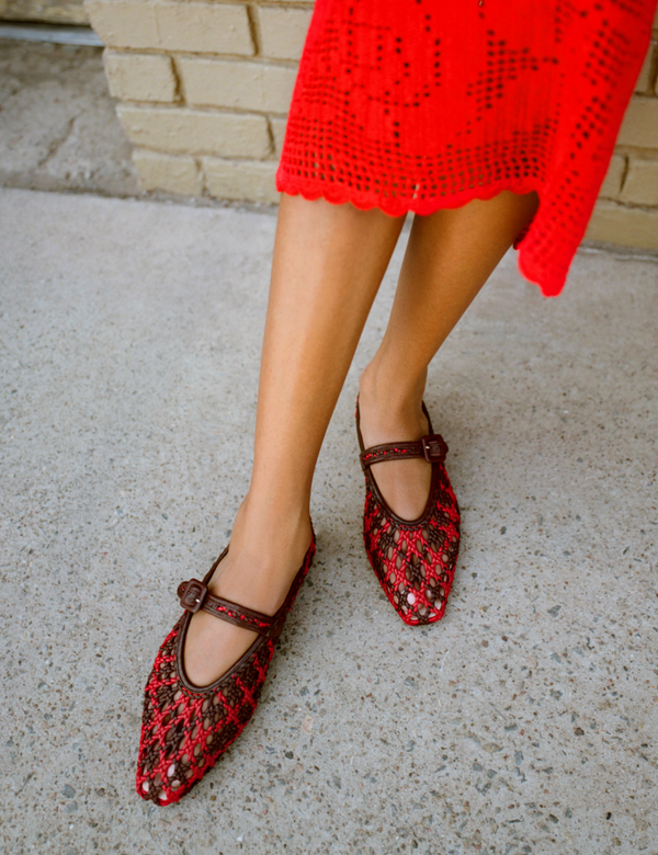 Junia Red/Espresso Mary Jane Flat and Rosanna Skirt in red crocheted cotton - Loeffler Randall