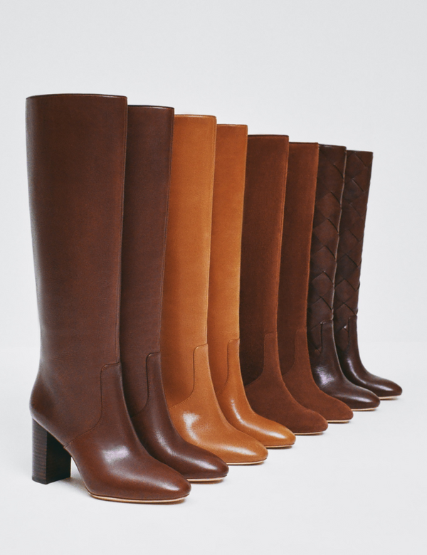 Goldy Espresso Leather Tall Boot, Goldy Safari Leather Tall Boot, Goldy Espresso Suede Tall Boot, and Goldy Espresso Woven Leather Tall Boot - Loeffler Randall
