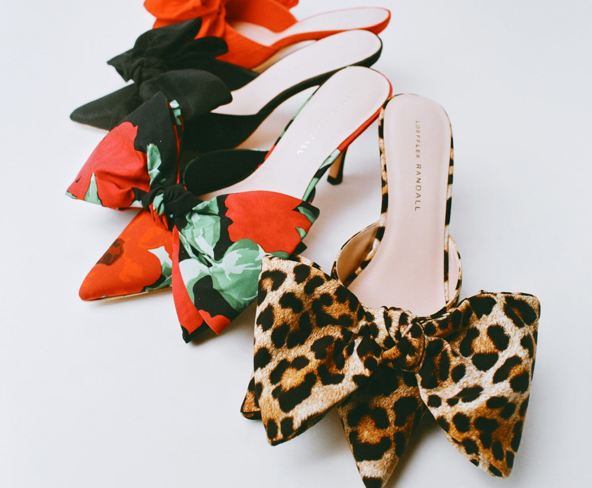 Margot Leopard Jersey Bow Mule, Margot Black Floral Bow Mule, Margot Black Moiré Bow Mule, and Margot Red Moiré Bow Mule - Loeffler Randall