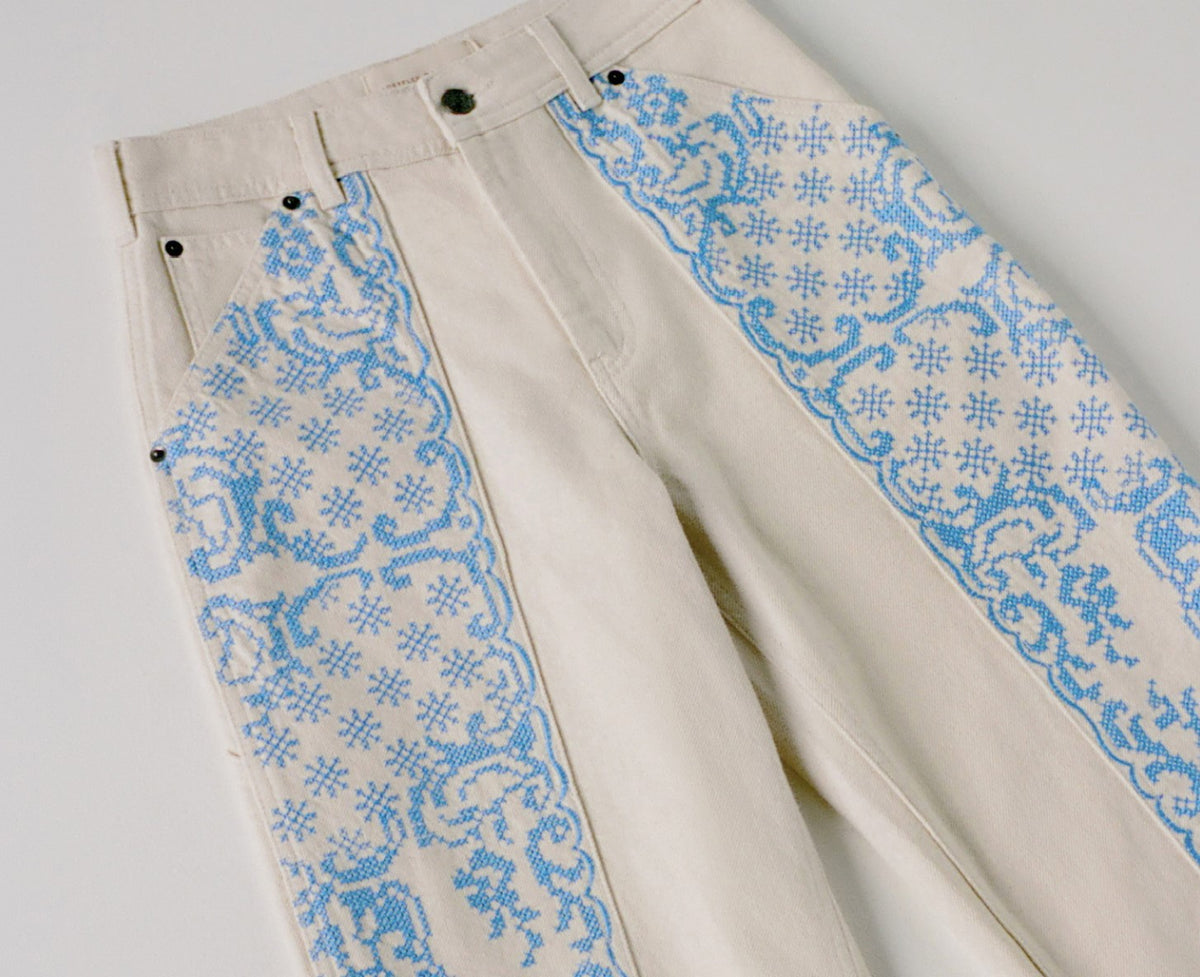 Molly Workwear Jean in natural cotton with blue embroidery - Loeffler Randall