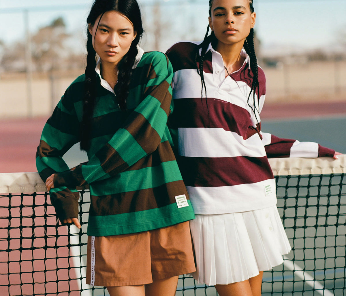 Evan Rugby Shirt in Green/Brown, Cole Short in Brown, Evan Rugby Shirt in Maroon/White, and Caroline Skirt in White - Loeffler Randall