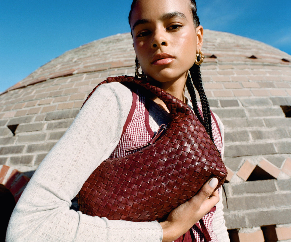 Mercer Maroon Woven Leather Shoulder Bag, Callista Vest in Maroon Gingham, and Lolo Pointelle Long Sleeve in Grey - Loeffler Randall