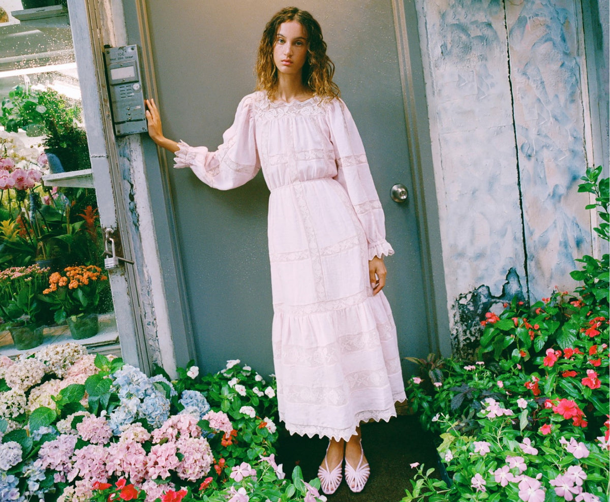 Perrin Dress in pale pink fabric and Devon Pink Moiré Slingback Sandal - Loeffler Randall