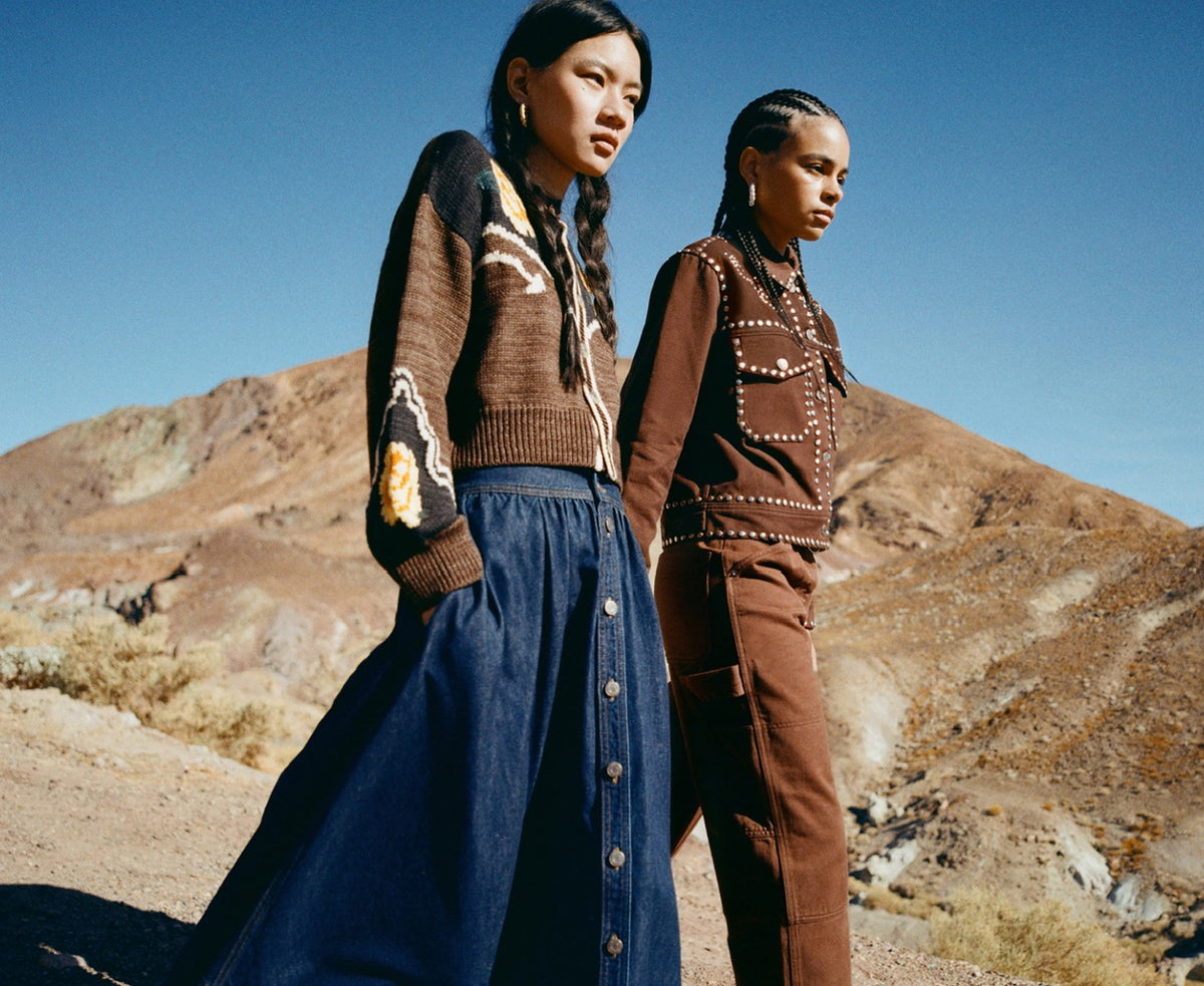 Linda Intarsia Cardigan in brown wool, Ruthie Skirt in dark blue denim, Elijah Studded Denim Jacket in dark brown denim, and Molly Workwear Jean in dark brown denim - Loeffler Randall