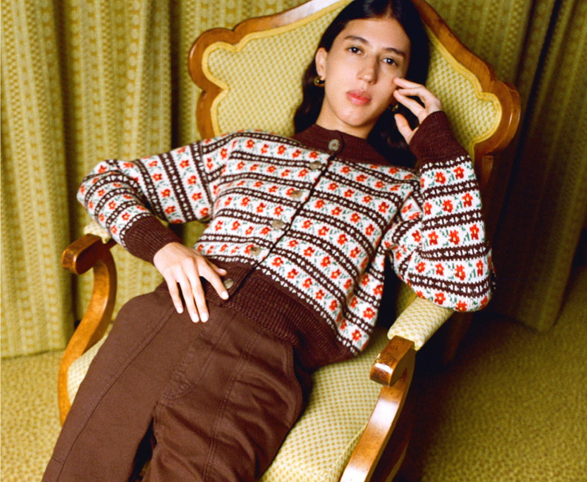 Idris Intarsia Cardigan in brown and cream floral wool and Molly Workwear Jean in dark brown denim - Loeffler Randall