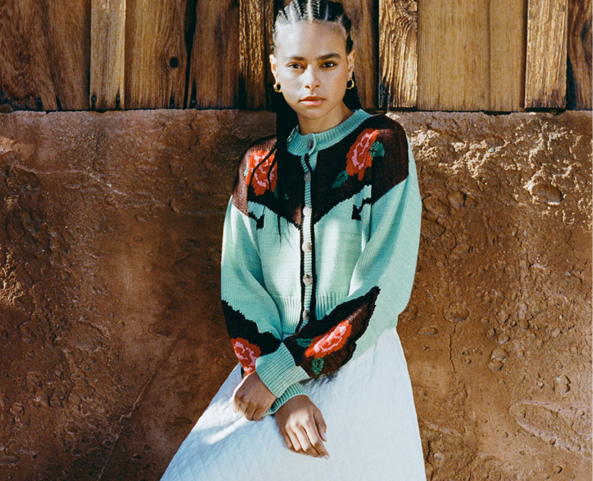 Linda Intarsia Cardigan in green and brown wool and Clara Quilted Skirt in cream cotton - Loeffler Randall
