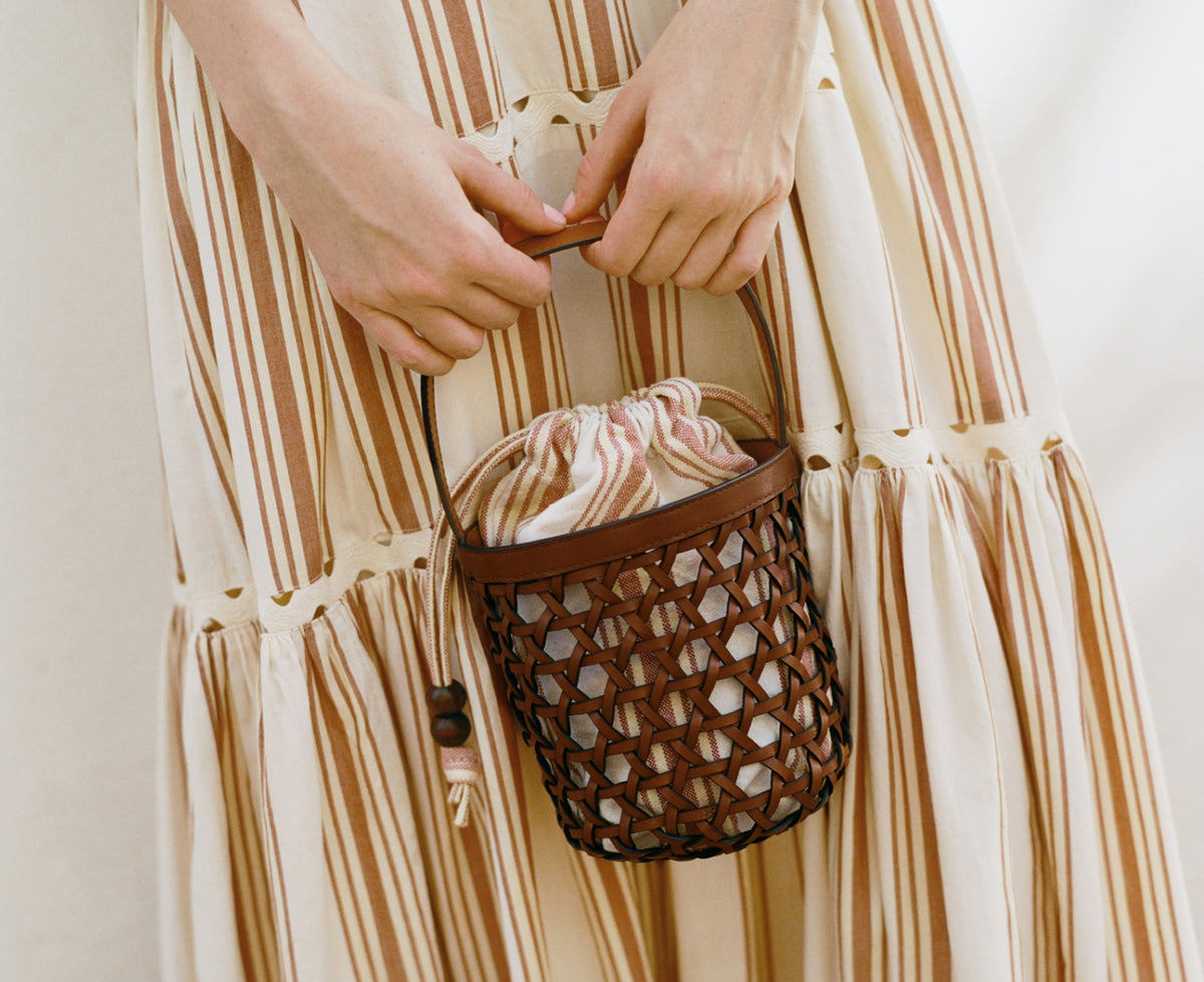 Laith Timber/Butter Bucket Bag and Alison Camisole Dress in yellow and brown striped cotton - Loeffler Randall