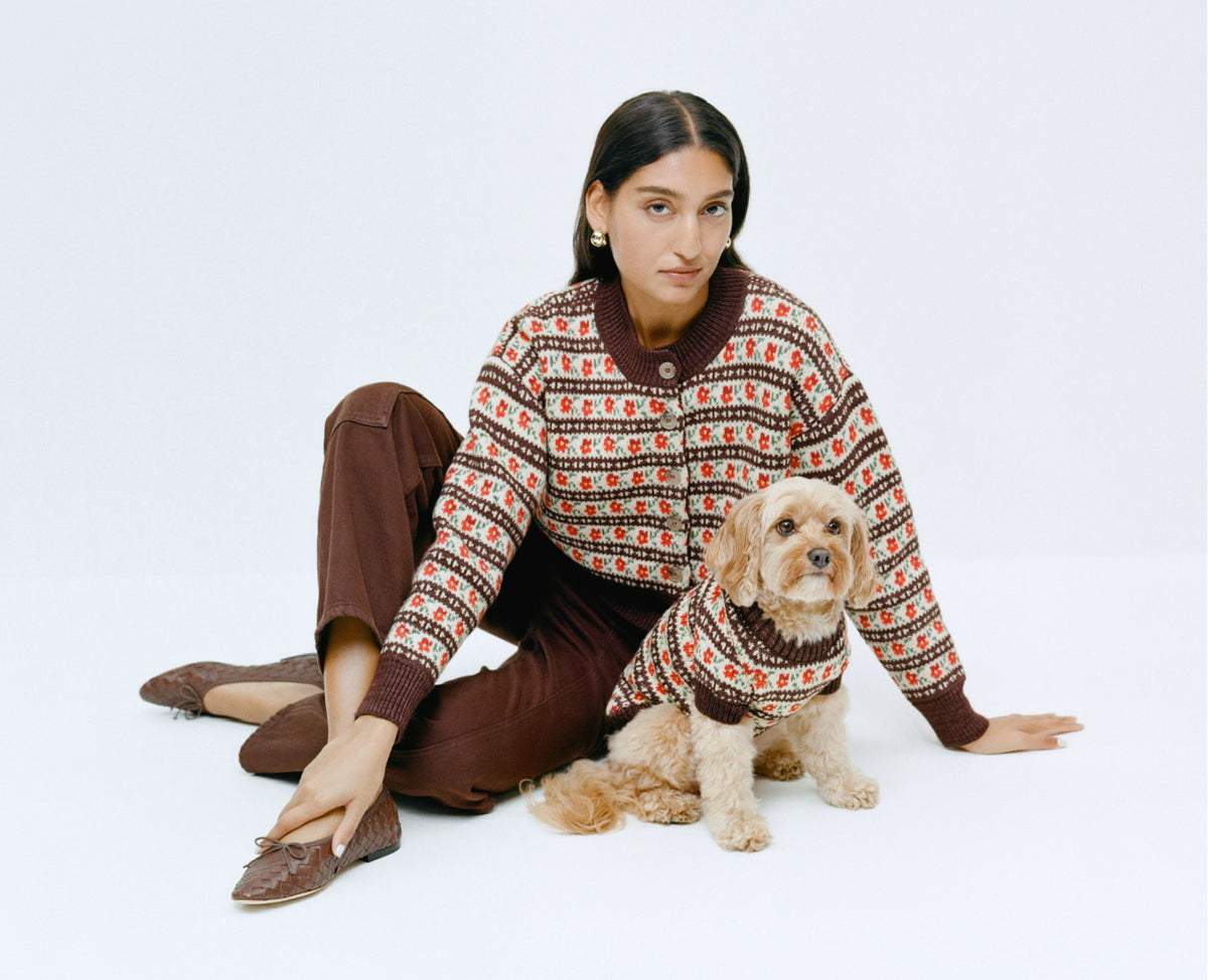 Idris Intarsia Cardigan in brown and red floral wool, Molly Workwear Jean in dark brown, and Intarsia Dog Sweater in brown and red floral wool - Loeffler Randall
