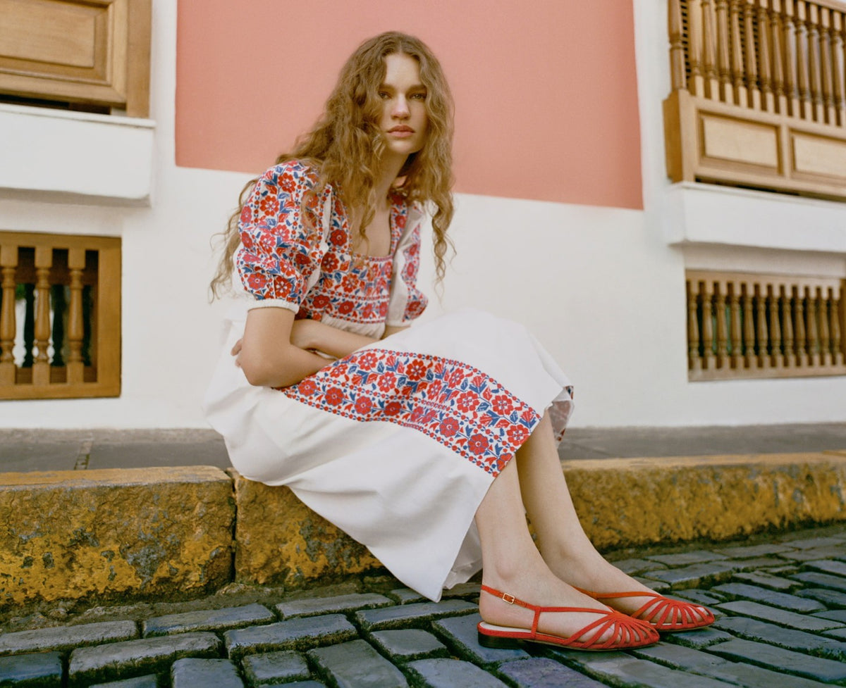 Lotus Embroidered Dress in white cotton with red and blue floral embroidery and Devon Red Moiré Slingback Sandal - Loeffler Randall