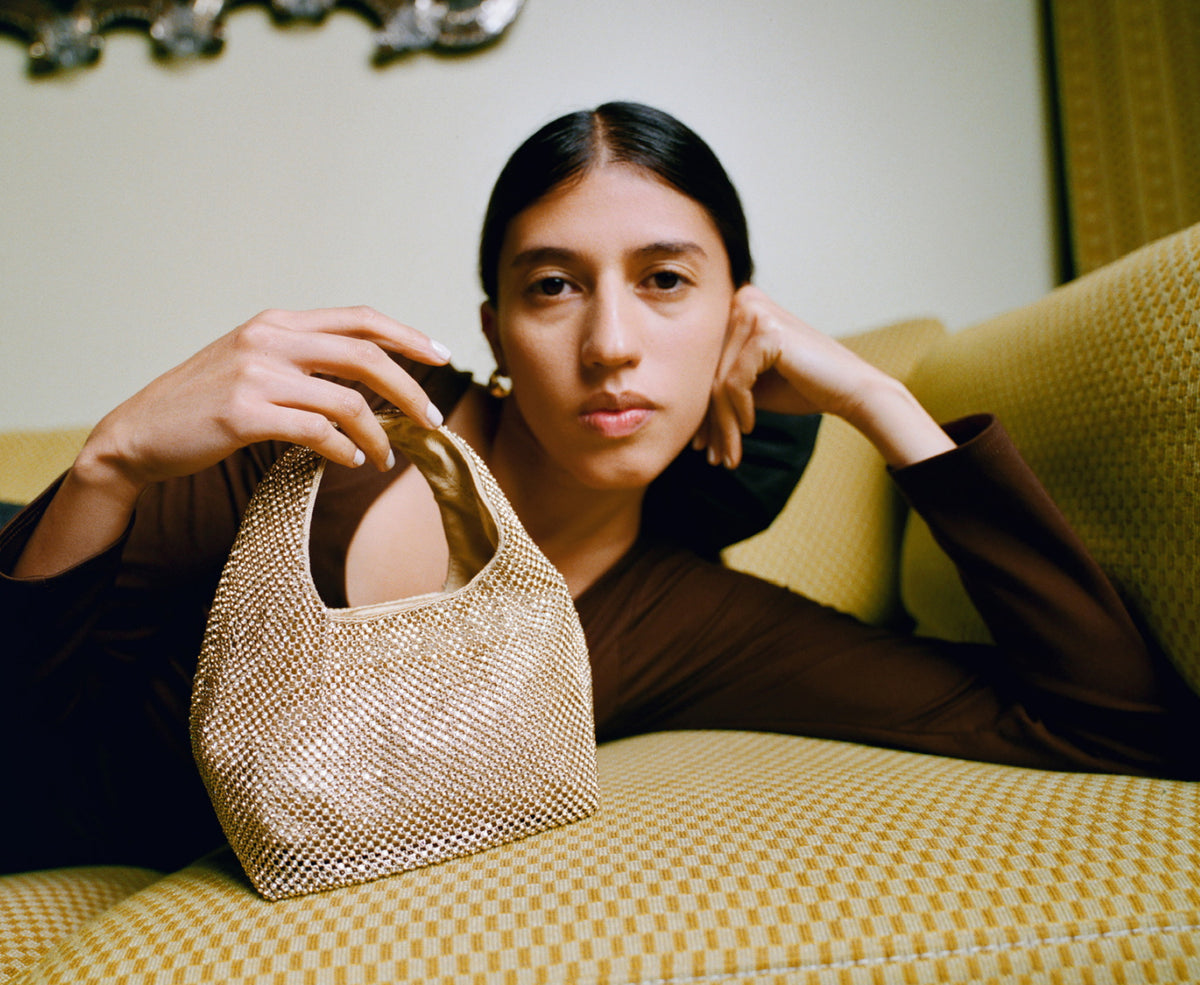 Lumi Long-Sleeve Bodysuit and Kenzie Gold Diamanté Mini Bag - Loeffler Randall