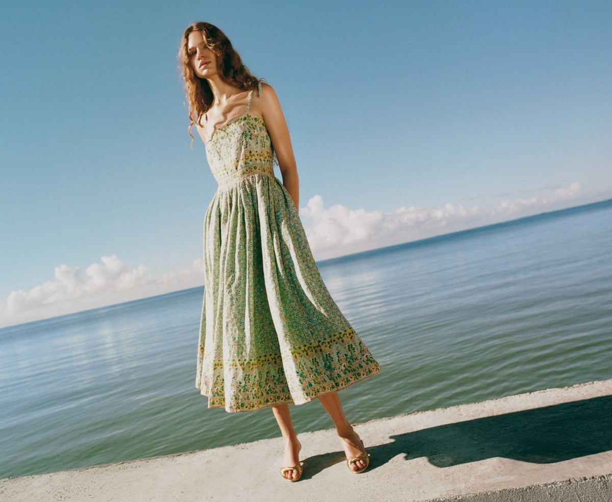 Gaia Dress in mint and yellow floral block print cotton ramie - Loeffler Randall