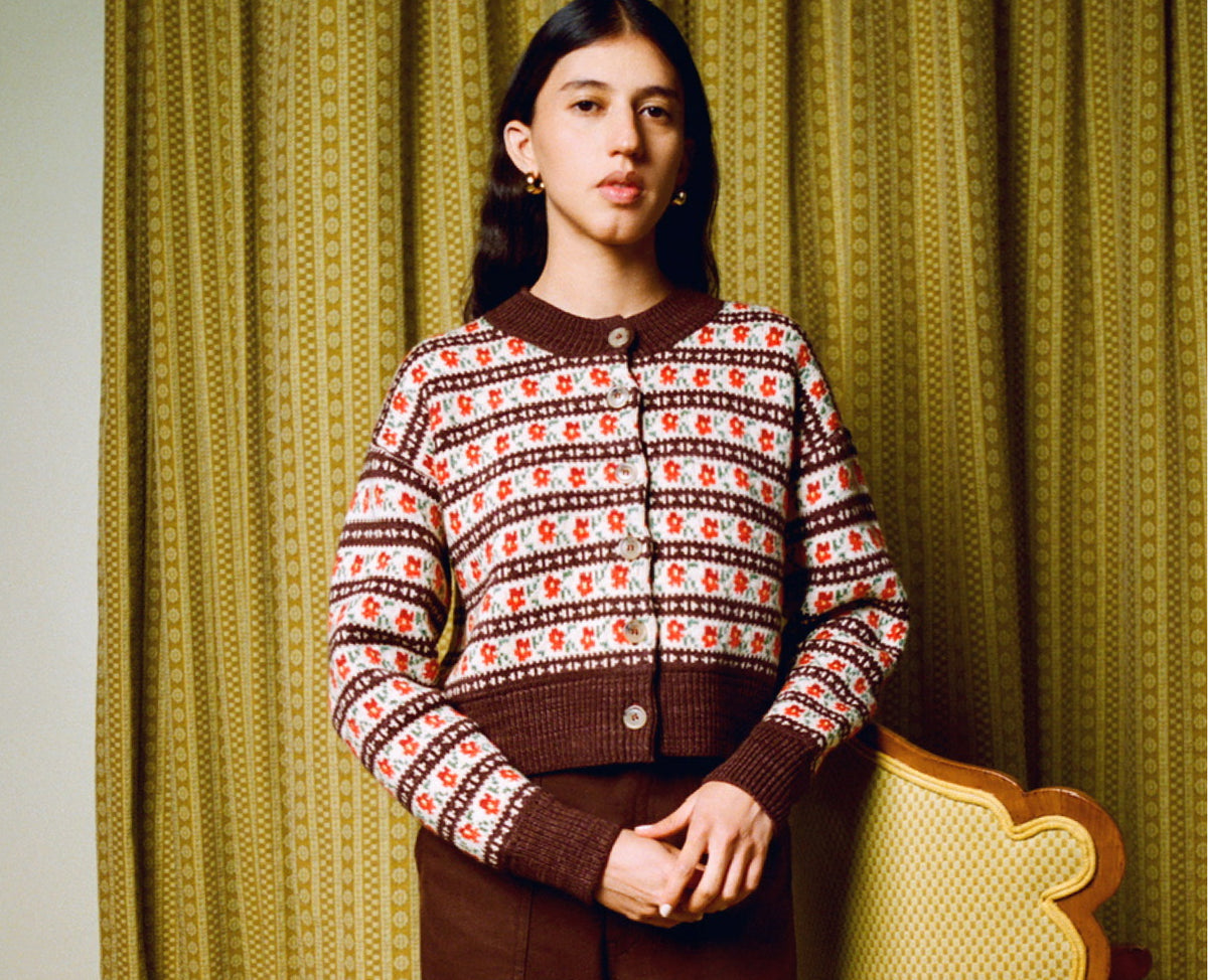 Idris Intarsia Cardigan in brown and red floral wool and Molly Workwear Jean in dark brown denim - Loeffler Randall