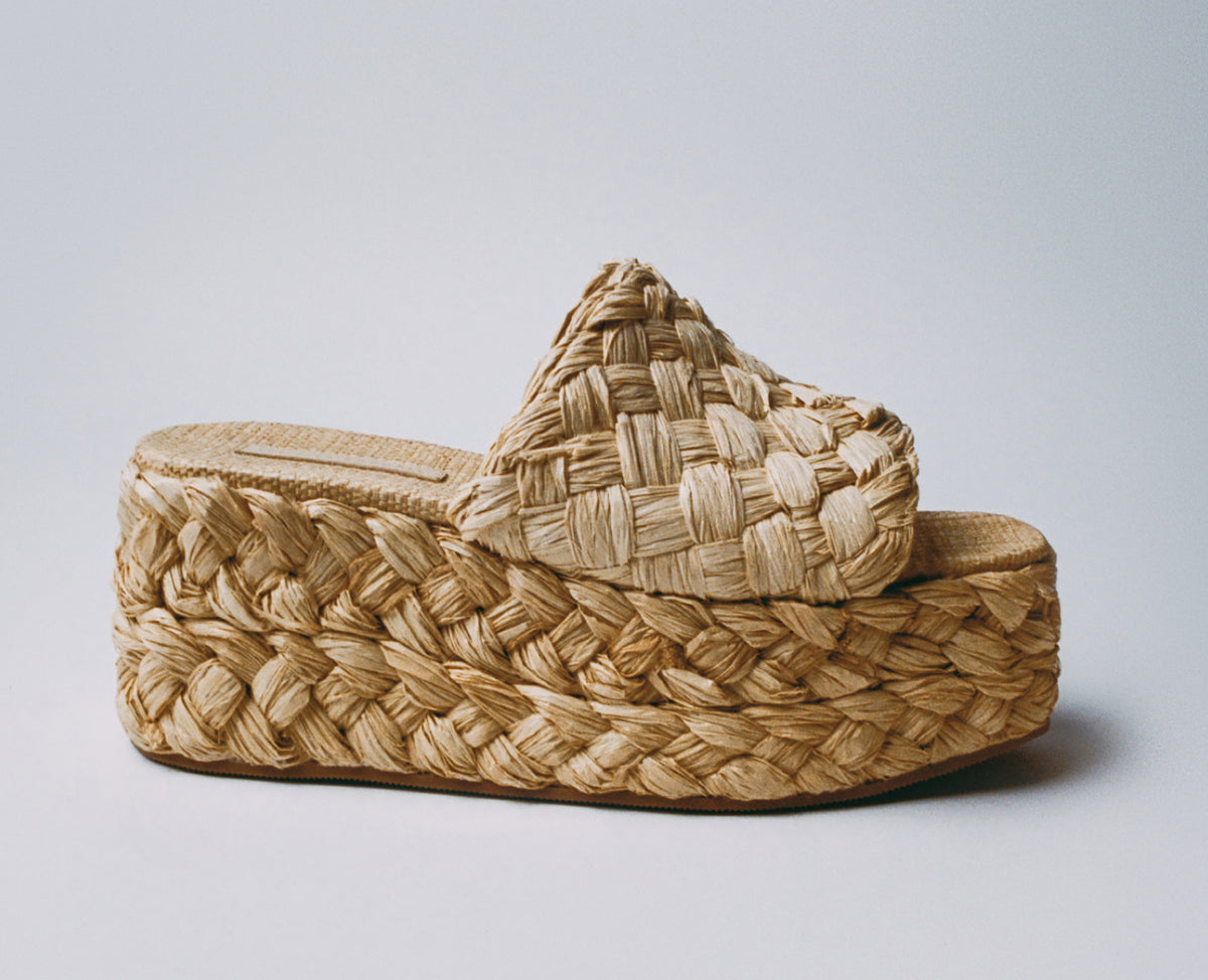 A side view of a single straw platform mule sandal on a grey background.